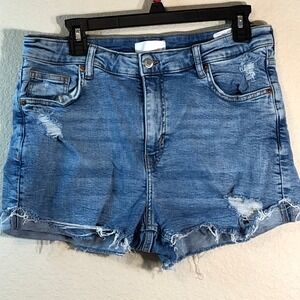 H&M Women's Distressed Denim Cutoff Shorts Blue Size 12 High Rise Raw Hem